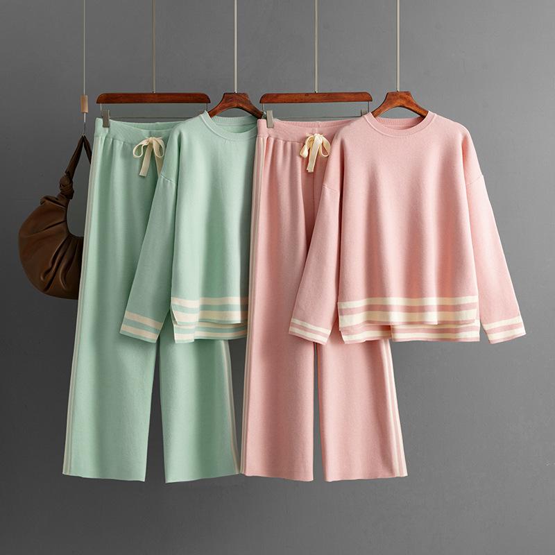 Fashion Suit Women's Autumn And Winter Knitted Round Neck Loose Fitting Pullover Sweater Wide Leg Pants Two-piece Set