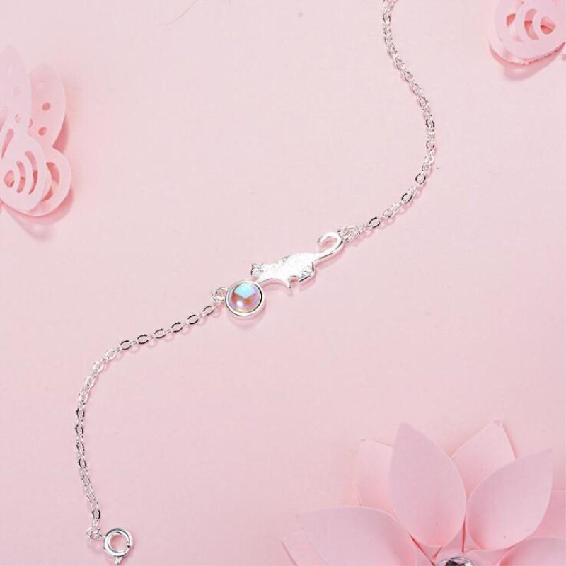 Handzeichnung Weibliche Mode Mondstein Niedlichen Tier 925 Sterling Silber Schmuck Kristall Süße Katze Temperament Armbänder SL010
