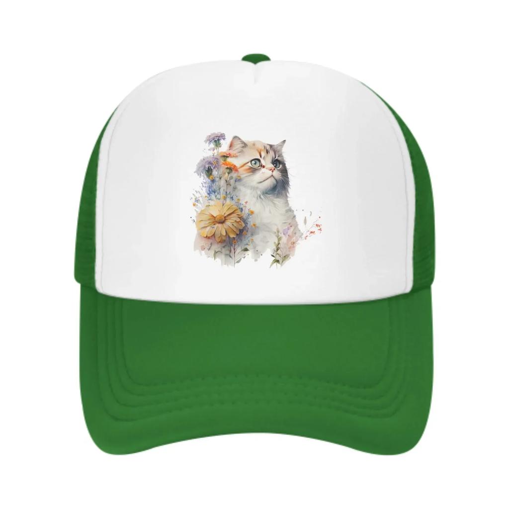 Blumenkatzen Netz-Trucker-Hüte für Unisex-Damen, verstellbare lässige Mode-Baseballkappen für Outdoor-Aktivitäten