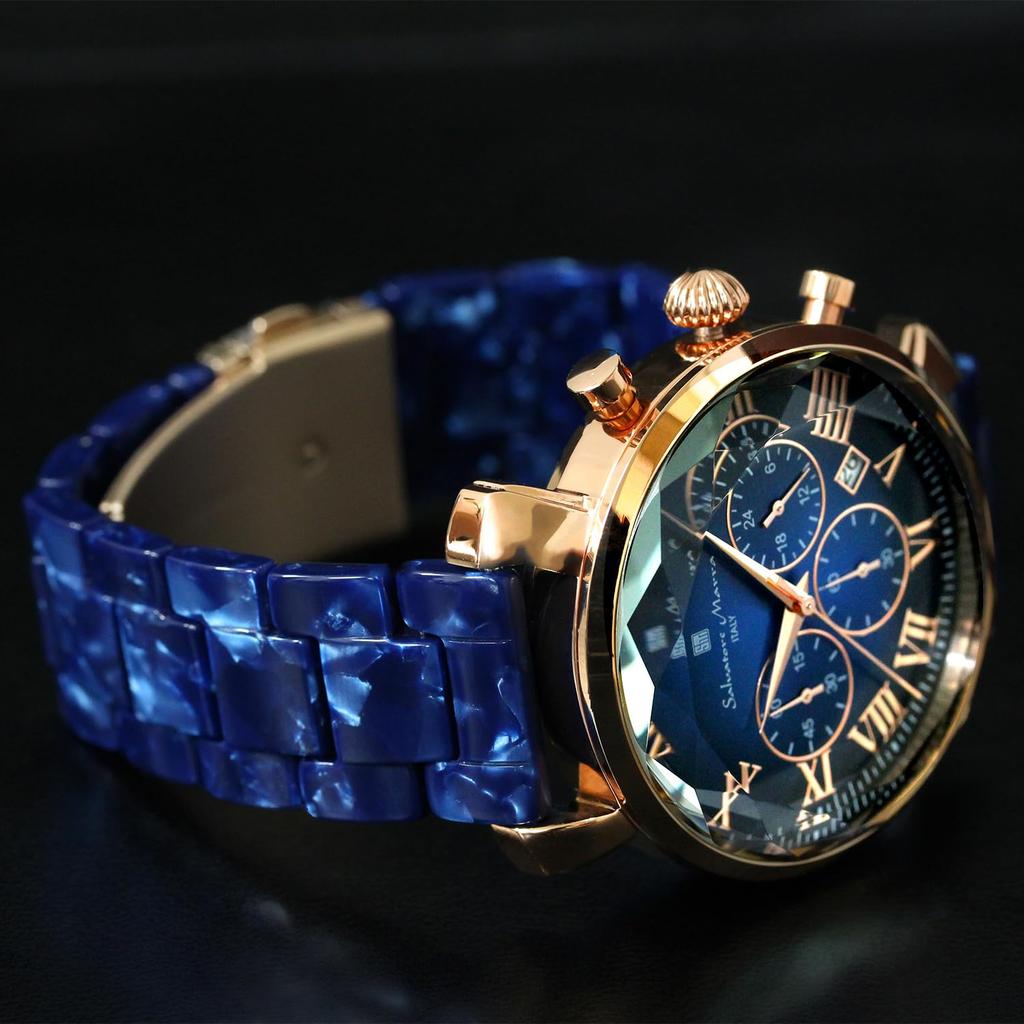 Salvatore Marra Men's Blue Watch with Faceted Glass, Chronograph, and Acetate Strap, SM19104A-PGBL
