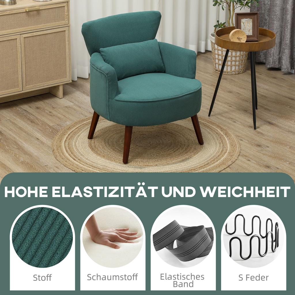 Modern Armchair, Upholstered Accent Chair with Lumbar Cushion, Rubberwood Legs, Dark Green