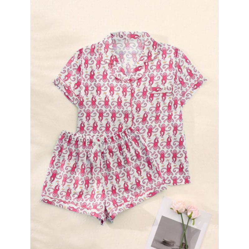 

Summer Women Short Sleeve Top and Shorts 2 Piece Set Pajamas Female Fashion Sleepwear Cartoon Print Cardigan Pyamas Set Homewear XL