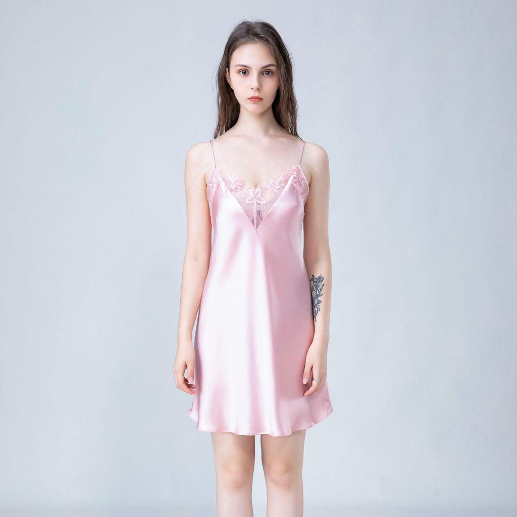 Damen Sommer Nachthemd - 100% Maulbeerseide Spaghetti-Träger Pyjama, Stil 80033c