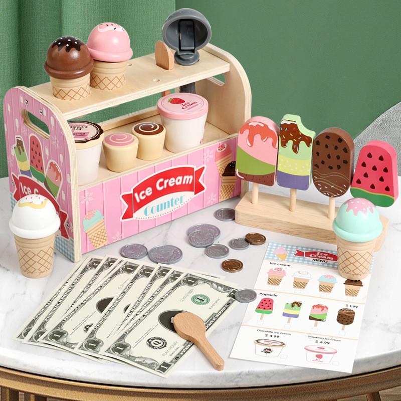 Pretend Kids Wooden Ice Cream Shop Playset With Natural Finish For Gift Birthday