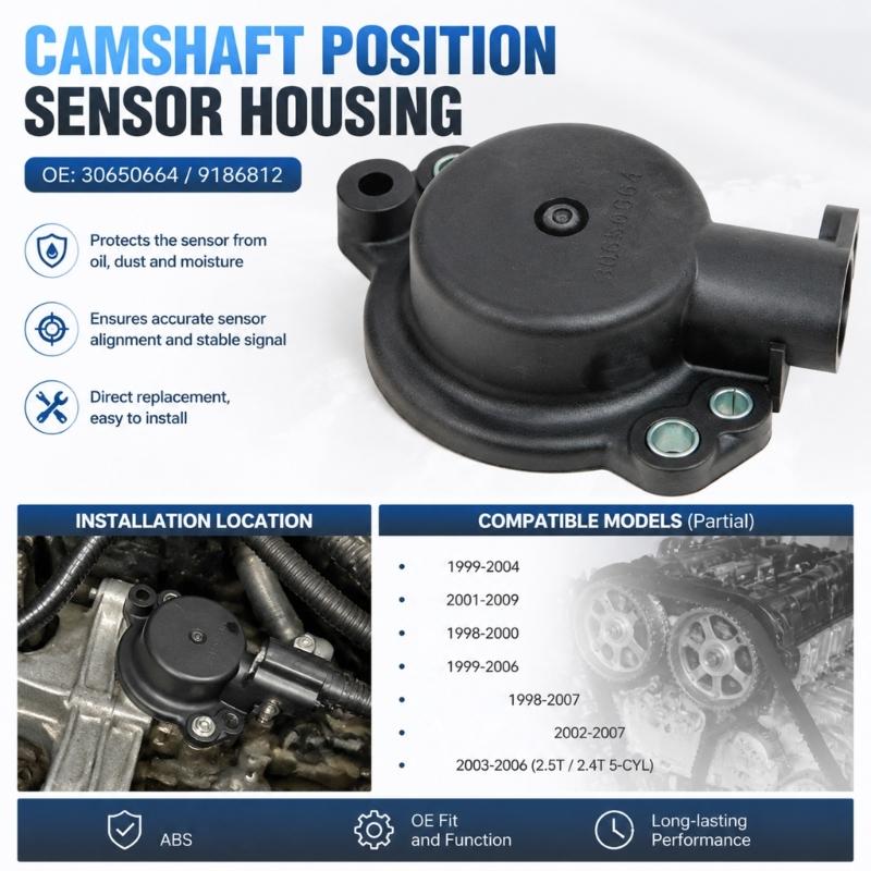 Housing-Only Camshaft Position Sensor Cover, Part Number 30650664, with ABS Construction and Multiple Metal-Insert Mounting Locations 9186812 for C70
