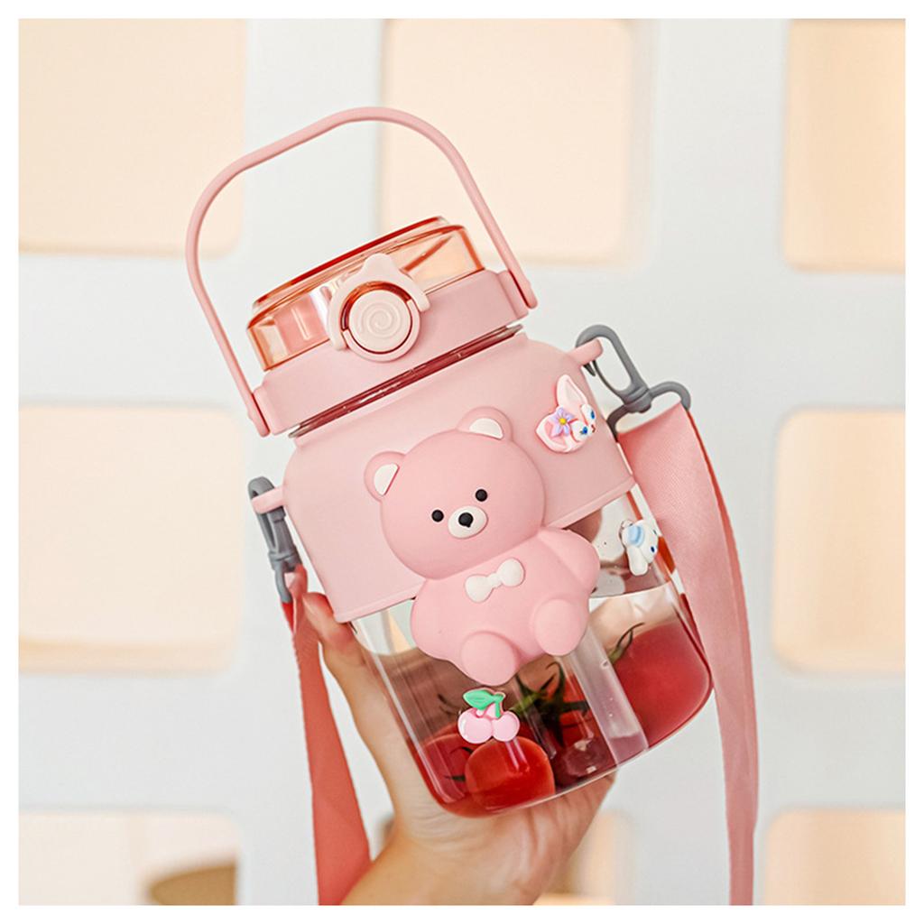 Portable Water Bottle With Bear Decor Adjustables Strap Design Sports Cup For Home Indoor Outdoor