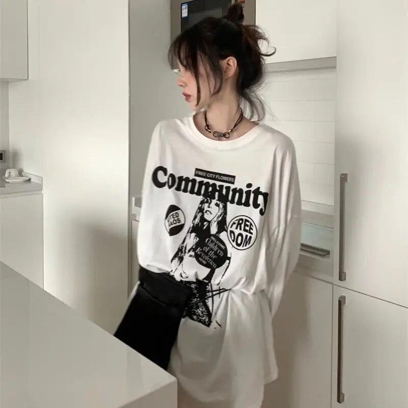 Magliette bianche da donna, a maniche lunghe, con scollo a V, in cotone, coreane, oversize, casual, alla moda, stampate, Y2k
