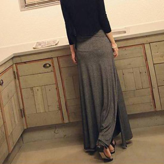 Women Maxi Skirt Adjustable Drawstring High Waist Side Slit Large Hem Long Skirt Solid Color A-Line Skirt