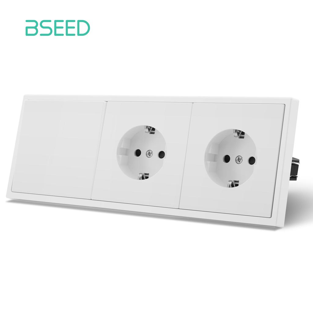 BSEED 1/2Gang Mechanical Light Switches Large Buttons 1Way With EU Socket 2USB Charging Ports Plastic Panel No LED Light White
