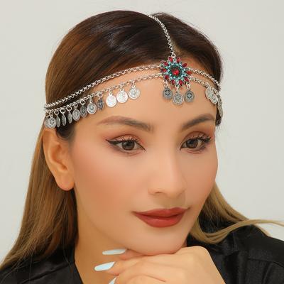 Ethnic Style Exotic Style Diamond-set Flower Coin Tassel Lady Hair Chain Court Antique Princess Head Chain Eyebrow Pendant