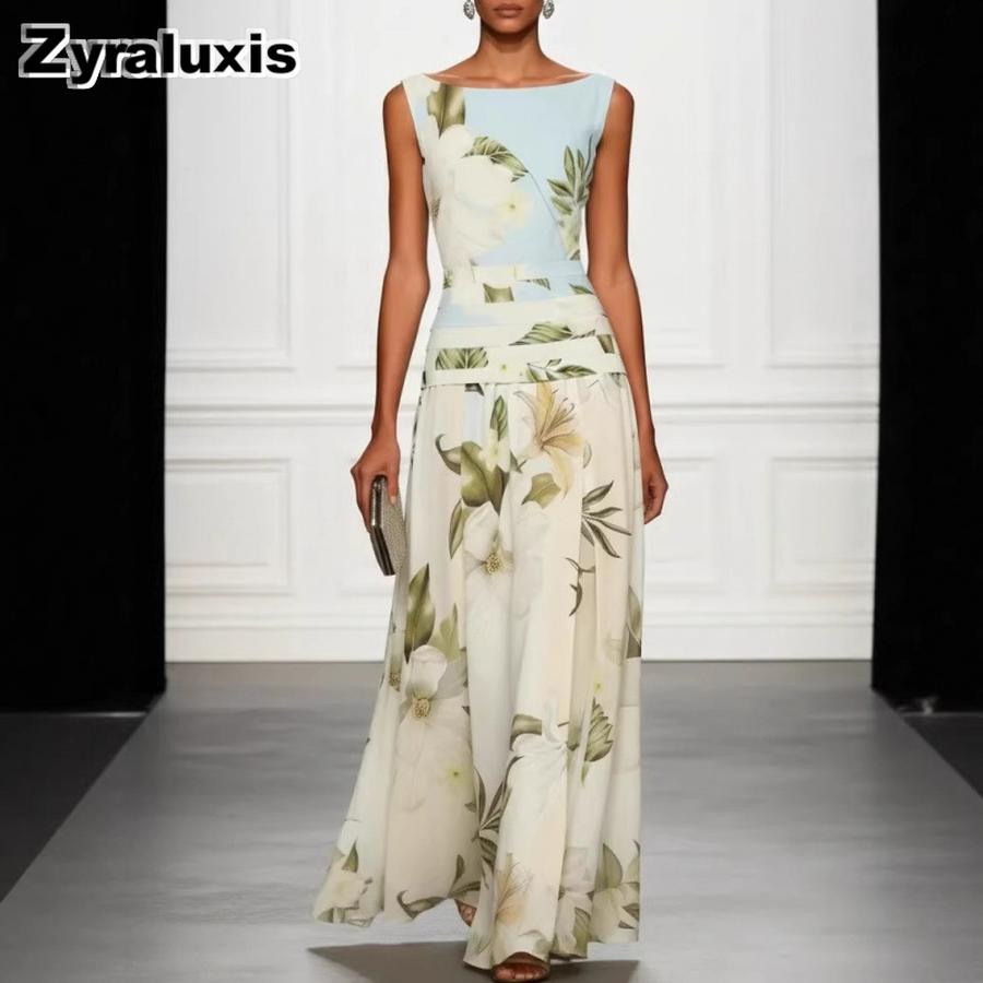Summer Vintage Sexy V-Neck Floral Print Women's Dress Sleeveless Backless High Waist Long Skirt