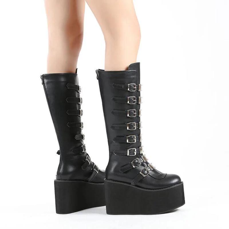 Fashion Designer Big Size 43 Black Gothic Style Cool Punk Motorcycles Boots Female Platform Wedges High Heels Calf Boots Women Shoes