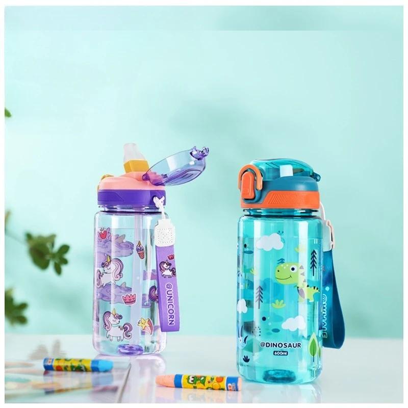 600ml Children's Plastic Water Cup BAP Free Kids Drinking Cup Cute Cartoon Straw Cup Leak-proof Plastic Water Bottles