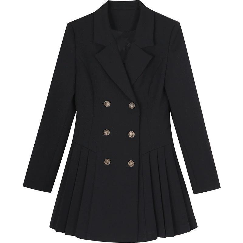 Korean Style Double-Breasted Suit Dress: 2025 Lightly Mature, Pure & Sexy, Pleated Design for Spring & Autumn