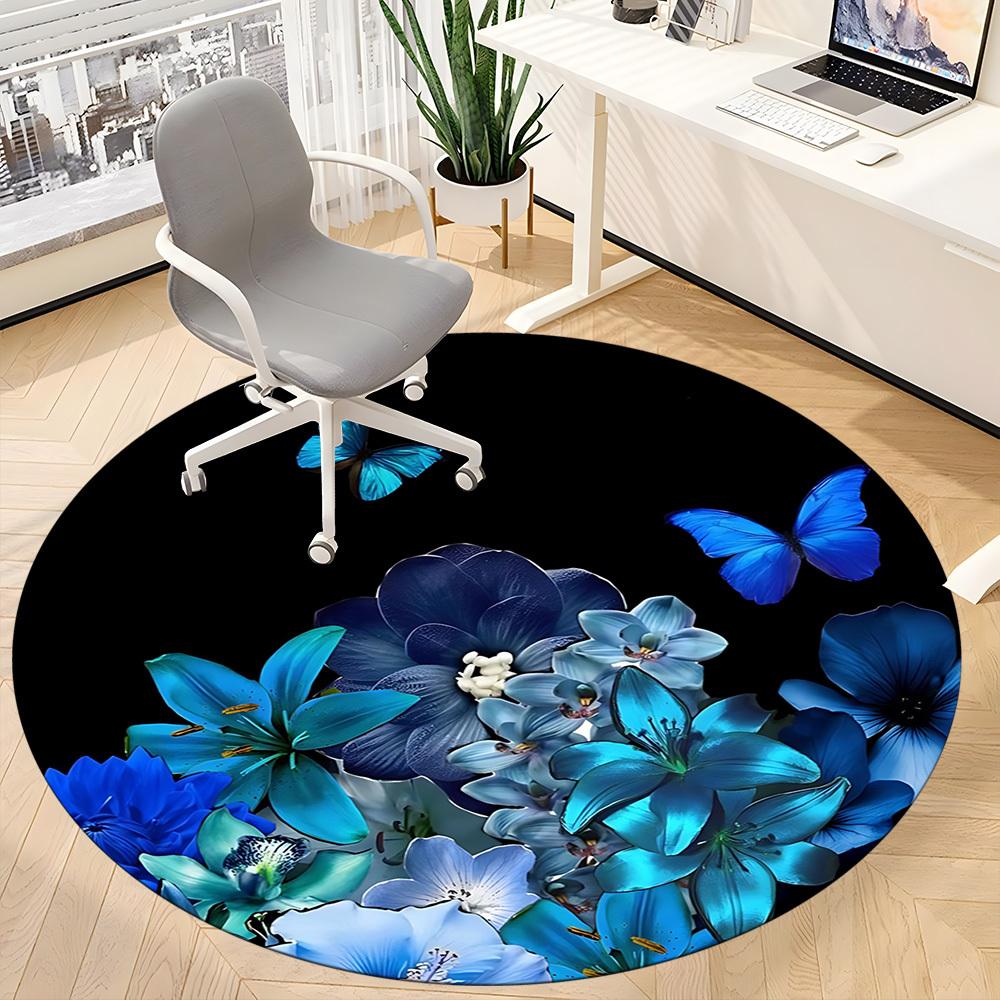 1pc Blue Floral Bouquet Chair Carpet for Office, Round Non-Slip Durable Large Size Office Carpet, Suitable for Office, Beautiful Decoration