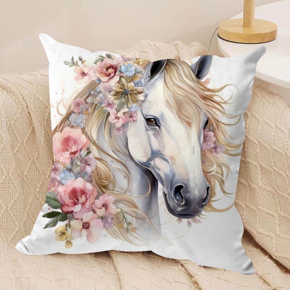 Watercolor Horse  Floral Cushion Cover Soft Plush Fabric DoubleSided Printed Cushion Covers for All Seasons Modern Home Decor