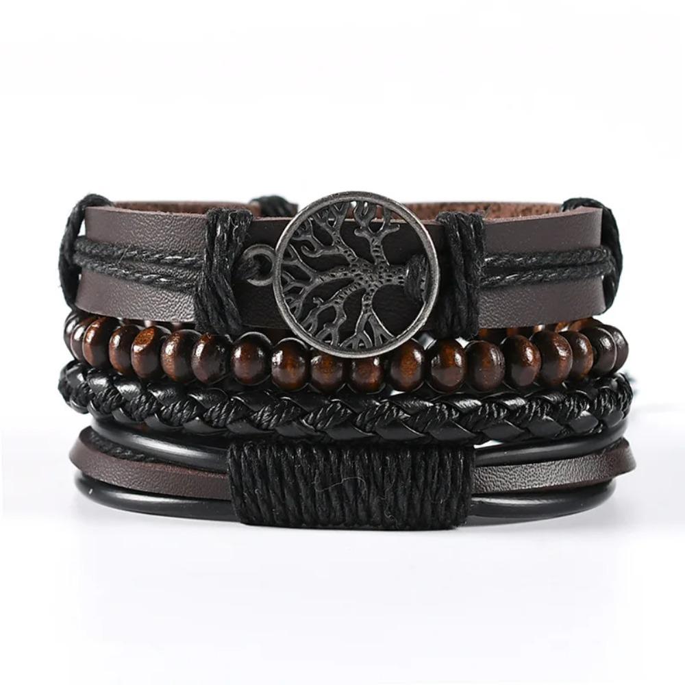 Braided Leather Bracelets for Men Vintage Life Tree Charm Wood Beads Ethnic Tribal Wristband Rope Bracelet Set