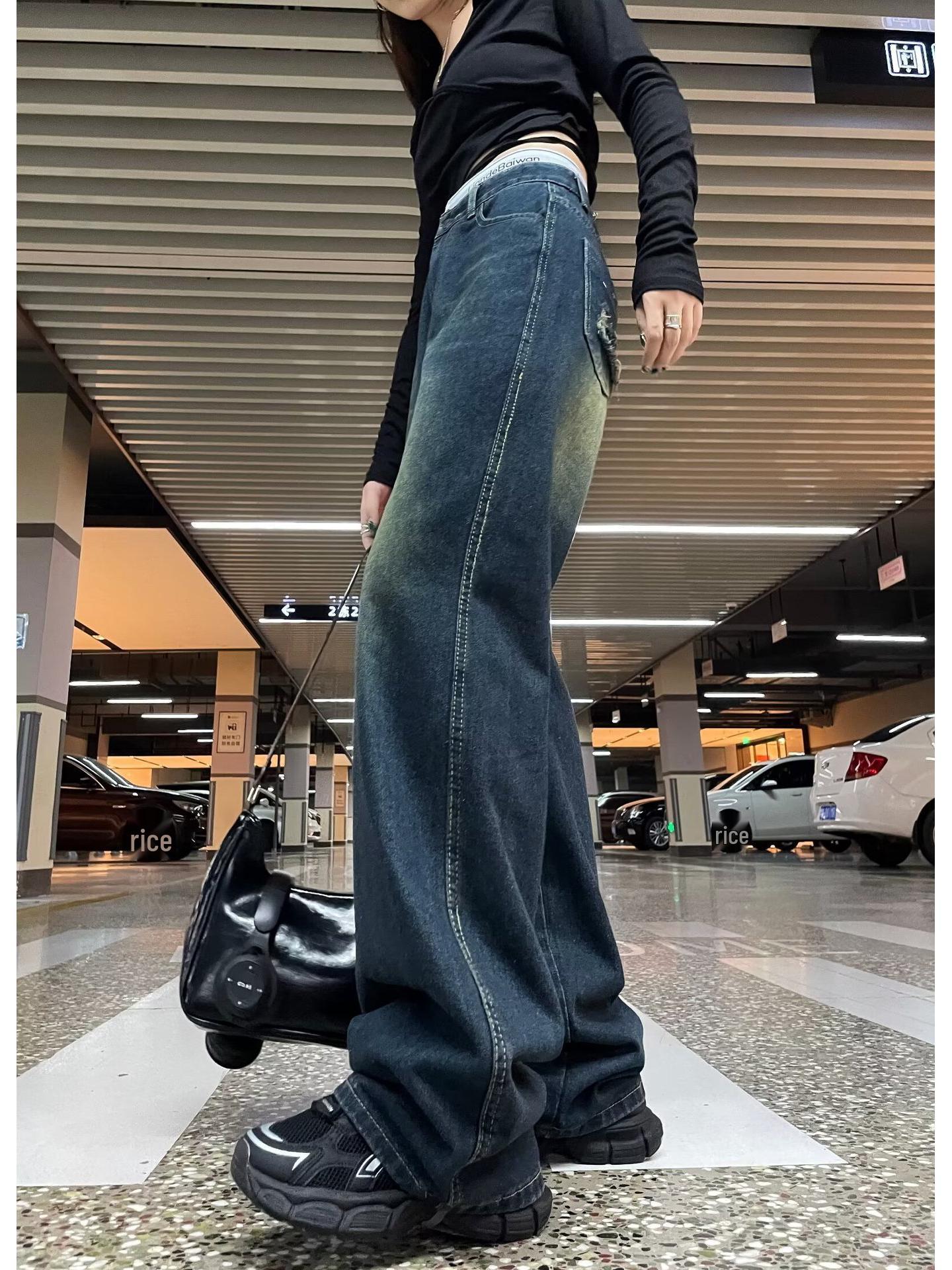 Women s High Waist Straight Leg Loose Jeans - Petite Wide Leg Floor Length, Spring/Autumn 2025 S синий