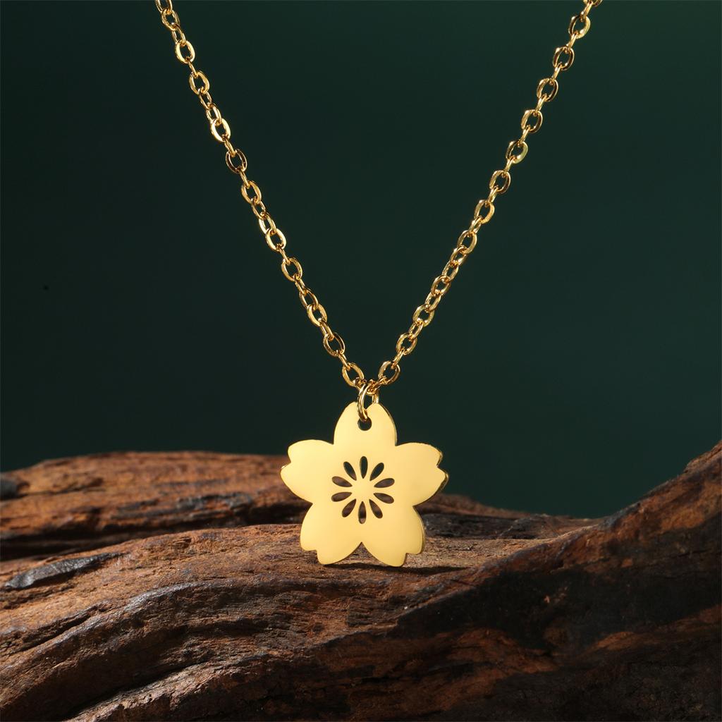 EUEAVAN Fashion Sakura Flower Necklace Stainless Steel Five-petaled Floral Pendant Necklaces for Women Girl Jewelry Gift