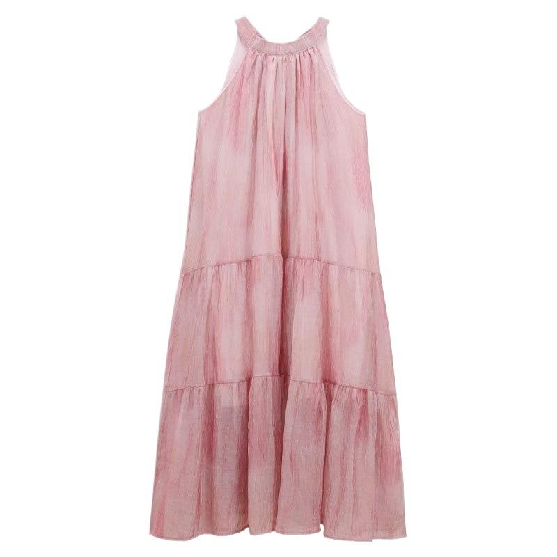 French beautiful neck dress women's summer medium and long dress small pink unique sleeveless seaside tie-dye skirt