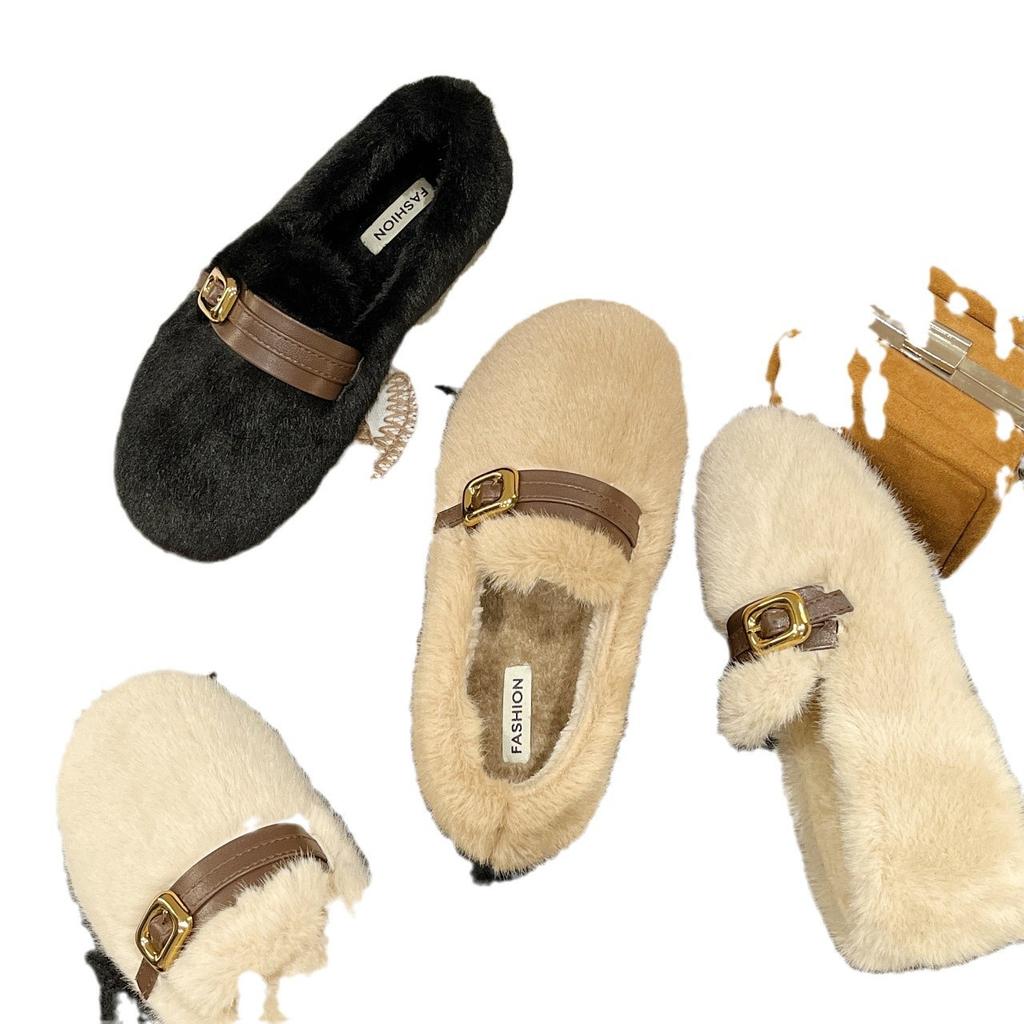 Autumn and winter velvet small size Doudou shoes wear cotton ladyshoes to keep warm thick-soled fluffy shoes, women's soft soles are easy to wear 