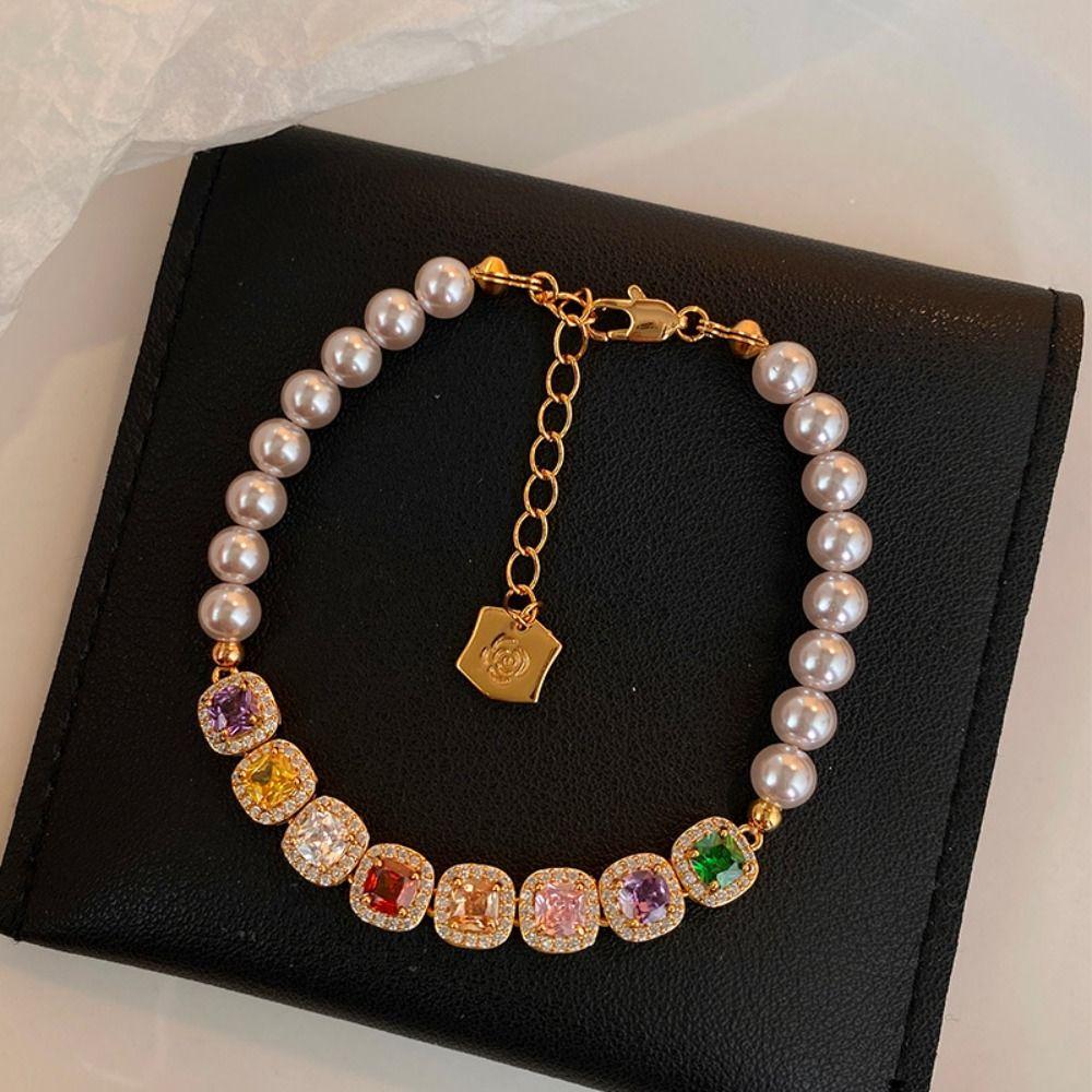 Ornaments Rainbow Rhinestone Bracelet Luxury Colored Zircon Bracelet Pearl Crystal Bracelet  Gifts