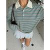 Womens Striped Button Polo Collar Long Sleeve Casual Loose Sweatshirt