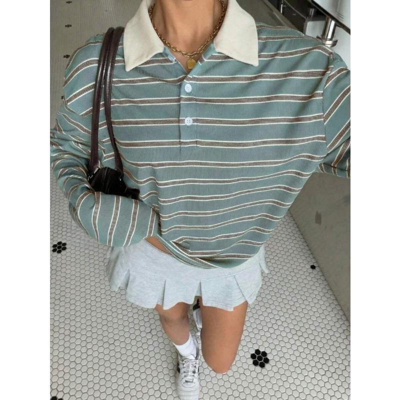 Womens Striped Button Polo Collar Long Sleeve Casual Loose Sweatshirt