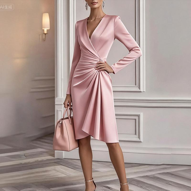 Women'S Spring Fall Fashion Solid Color Satin Midi Dress V-Neck Long Sleeve Wrap Twist Ruched Cocktail Dress Elegant Asymmetrical Hem Evening Gown