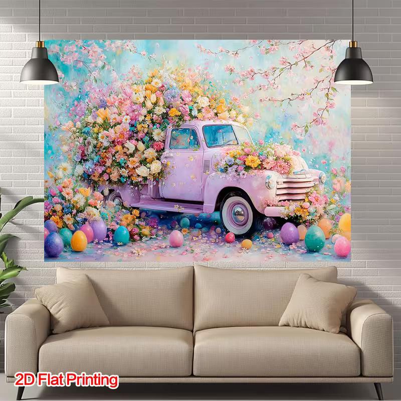 2D Colorful Easter Egg Truck Backdrop for Holiday Celebrations