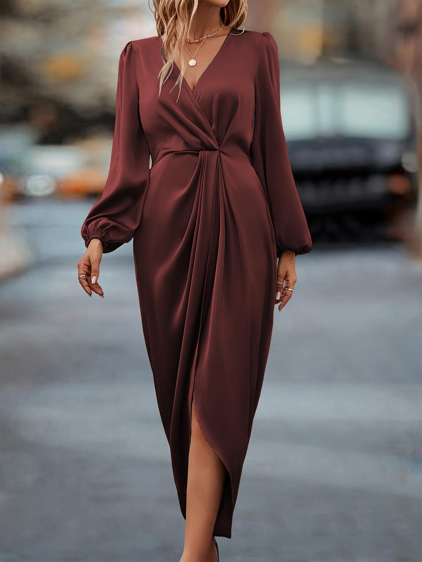 Elegant 2025 Cross-Neck Ruched Slit Puff Sleeve Irregular Long Dress Extra Large