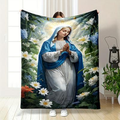 Virgin Mary Praying Floral Blanket  Printed Blanket for Living Room Bed Couch Lunch Break Soft Cozy Blanket for Friend's Festival Gift