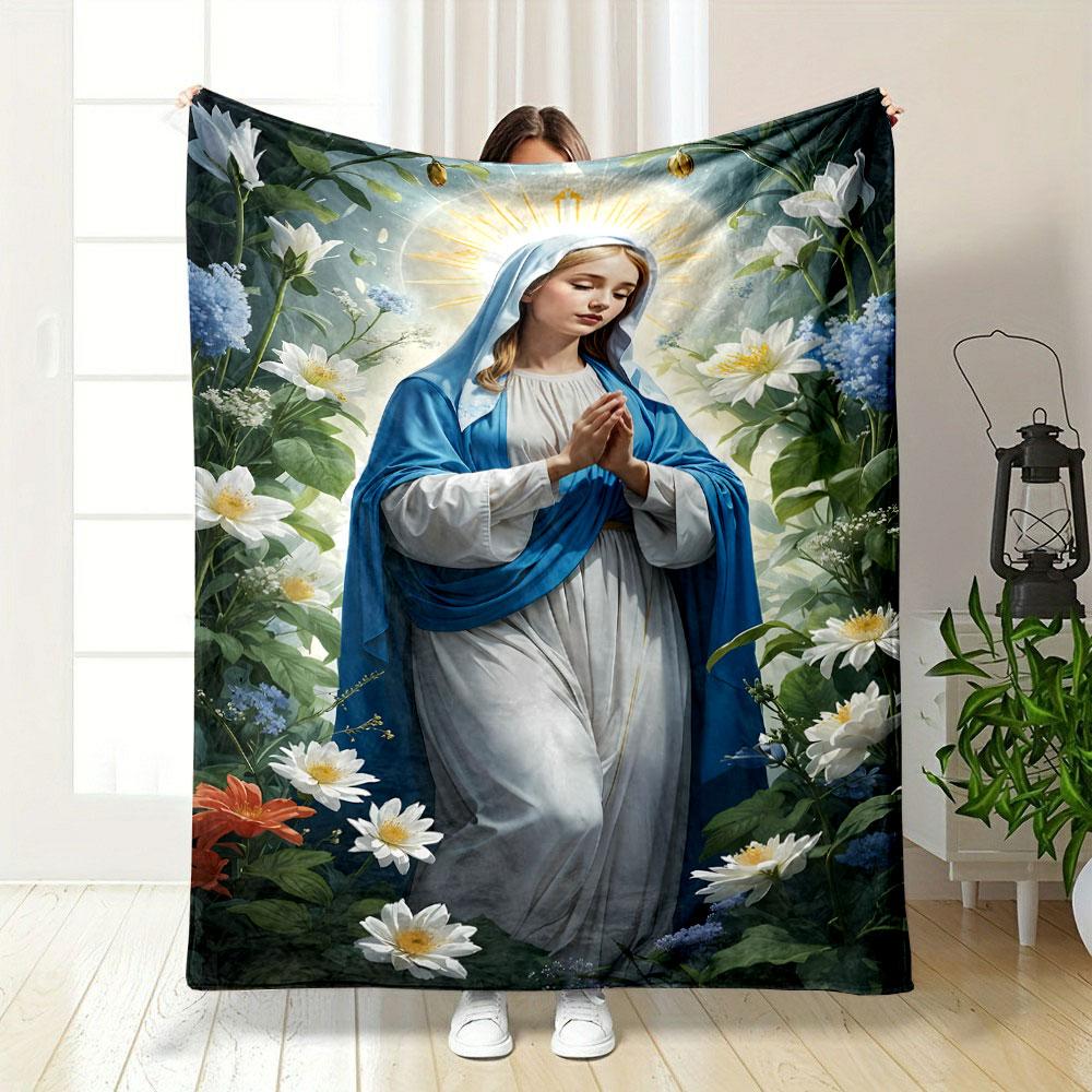 Virgin Mary Praying Floral Blanket Printed Blanket for Living Room Bed Couch Lunch Break Soft Cozy Blanket for Friend's Festival Gift