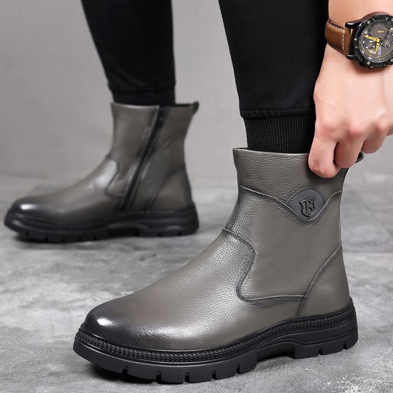 Winter First Layer Cowhide Men's Cotton Shoes Wool Snow Boots Velvet Warm Leather Boots Genuine Leather Middle-aged Leather Shoes Men's Shoes Thick