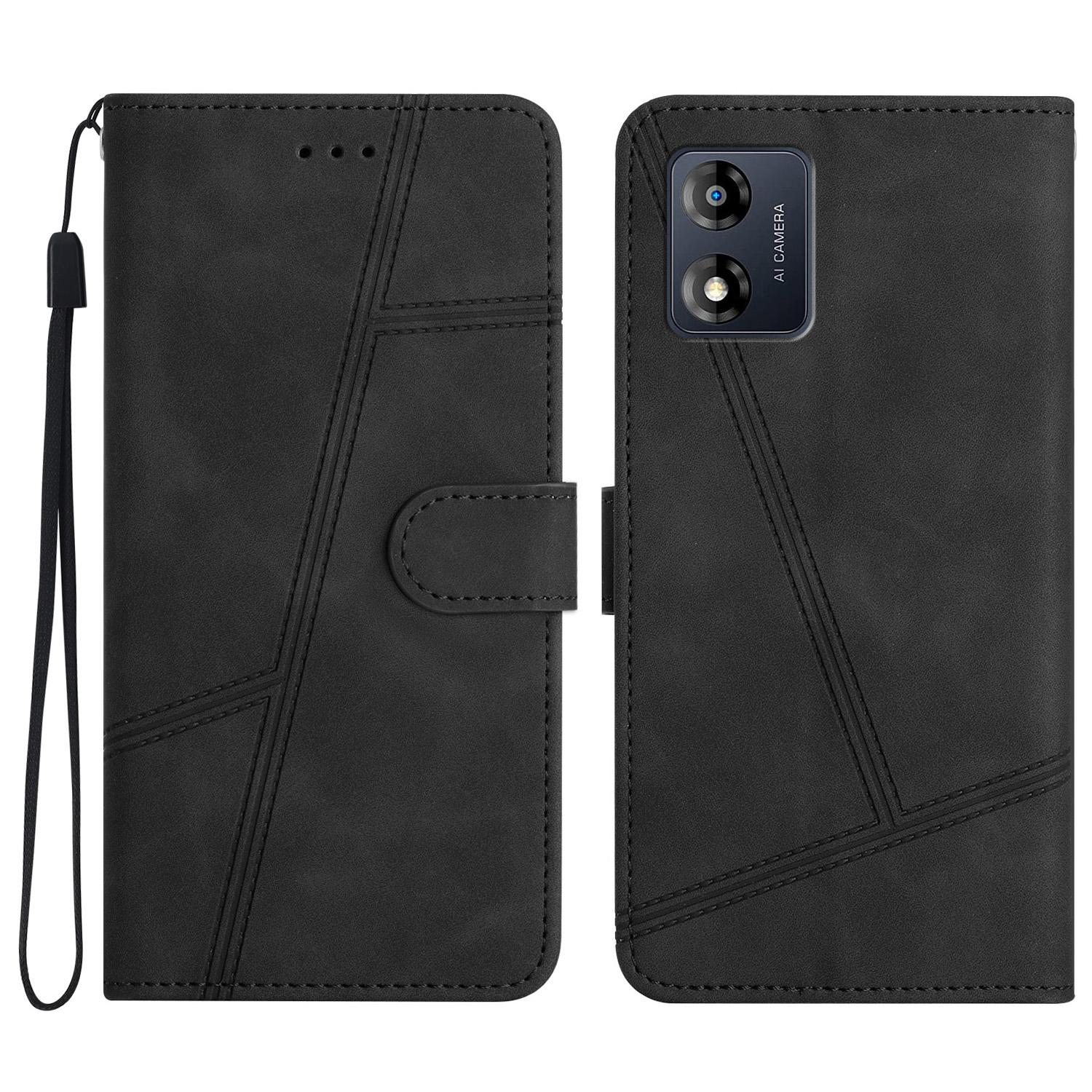 

Phone Shell for Motorola Moto E13 4G Skin-touch PU Leather Imprinted Line Cover with Wallet Stand Black