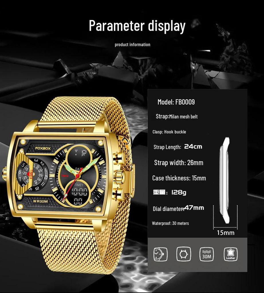 Men's Fashionable Square Dual Display Quartz Watch for Students with Large Dial