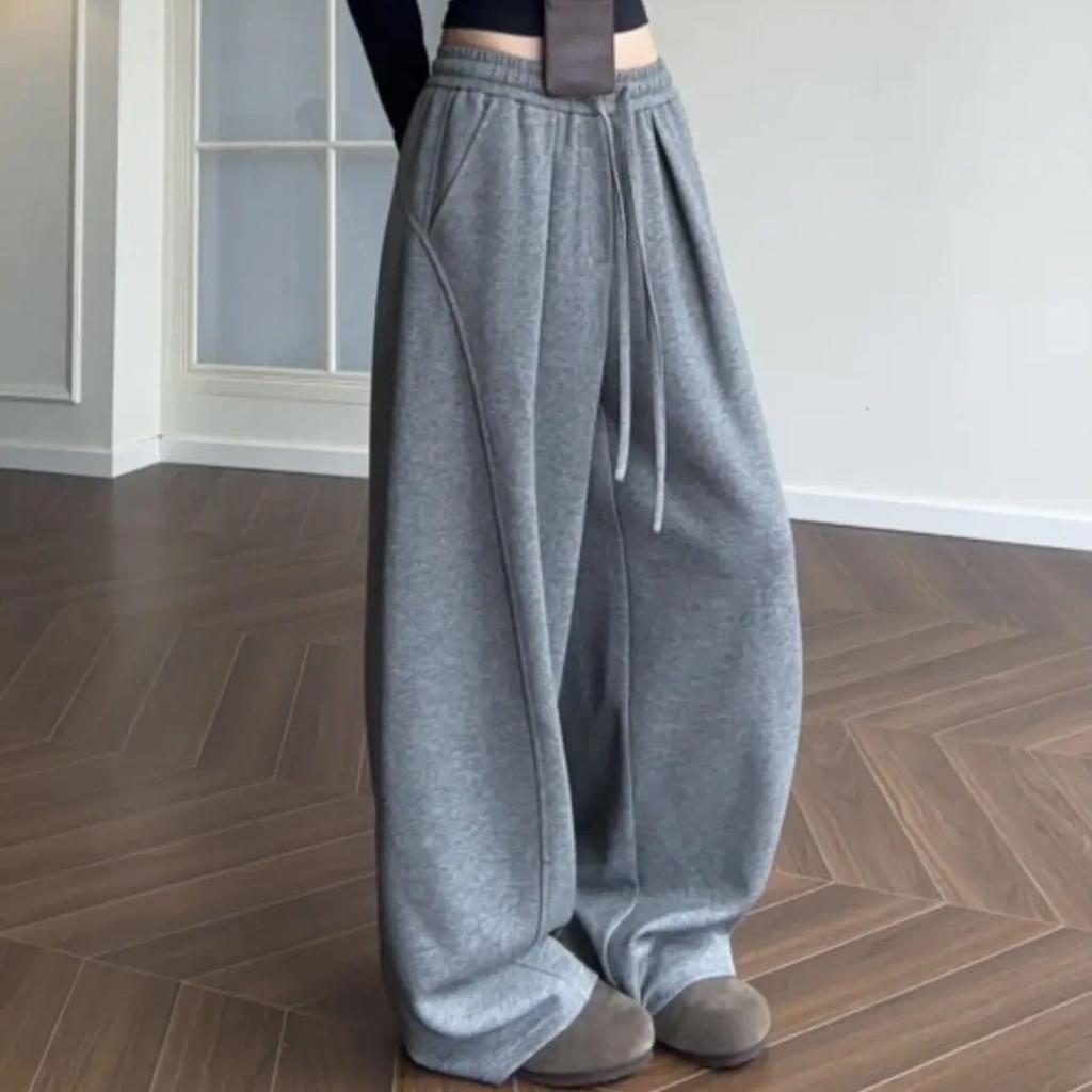 Solid Color Wide-Leg Woolen Sweatpants - Versatile & Trendy Straight-Leg Style