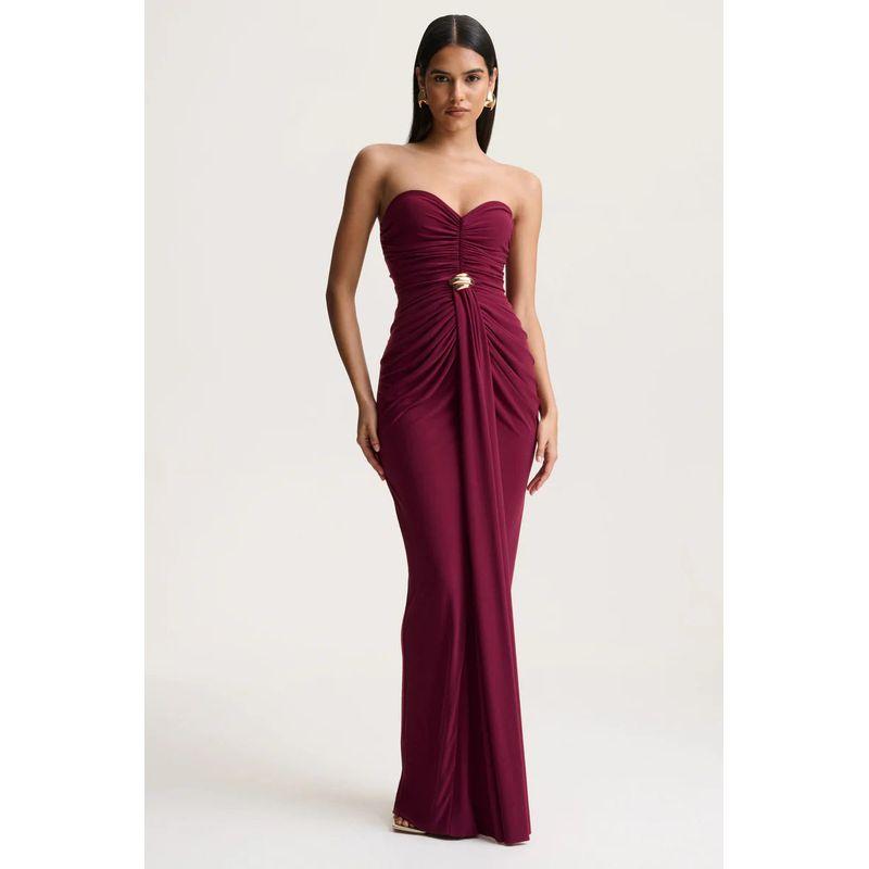 Spring/Summer European and American Women s Fashion Solid Color Sleeveless Pleated Waist-Cinching Ribbon Sexy Strapless Dress Elegant and Graceful Burgundy S