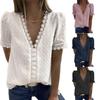 Damen Tiefes V-Ausschnitt Besticktes Spitze Chiffon Kurzarm Oberteil, Doppelt Gefütterte Bluse für Europäisches Amerikanisches Grenzüberschreitendes