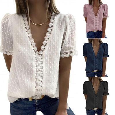 Damen Tiefes V-Ausschnitt Besticktes Spitze Chiffon Kurzarm Oberteil, Doppelt Gefütterte Bluse für Europäisches Amerikanisches Grenzüberschreitendes