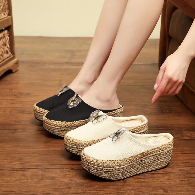 Fashion 2025 New Retro Handmade Women Canvas 5cm Platform Mules Slippers Butterfly Black Beige Leopard Comfortable Casual Slip On Shoes