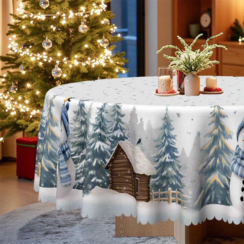 Winter Snowman Theme Round Tablecloth Waterproof Dining Table Cloth, Snow Forest Pattern, Coffee Table Cover, Dinner Decoration