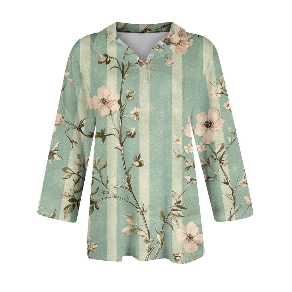 Women's Fashion Casual Button-up Seven-quarter Sleeve Floral Print Lapel Top