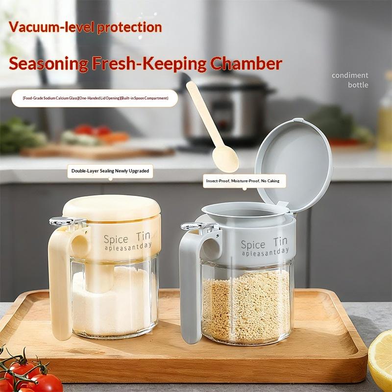 Glass Spice Jar With Built-In Spoon & Handle, Airtight Seasoning Container, Food-Grade Salt Sugar Storage Canister For Kitchen