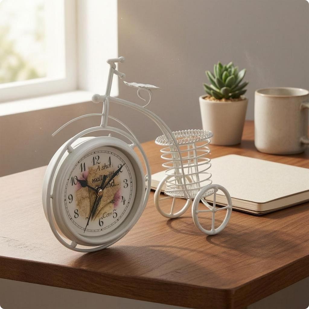 Wire Basket Cycle Clock White Bike Desk Iron Table Timepiece