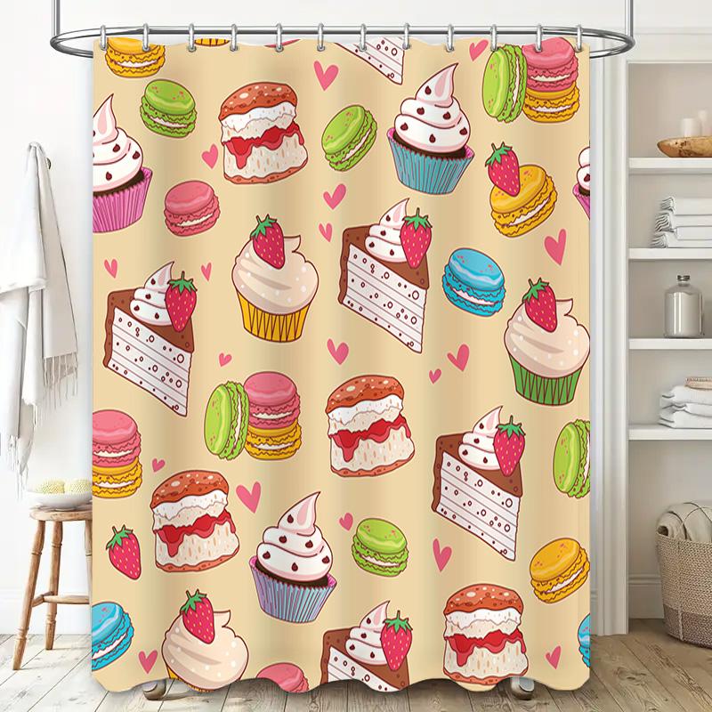 Cute Bakery Pattern Shower Curtain Set for Bathroom Decor Sweet Treats Desserts Design Includes Hook (180x240cm) [SALE]