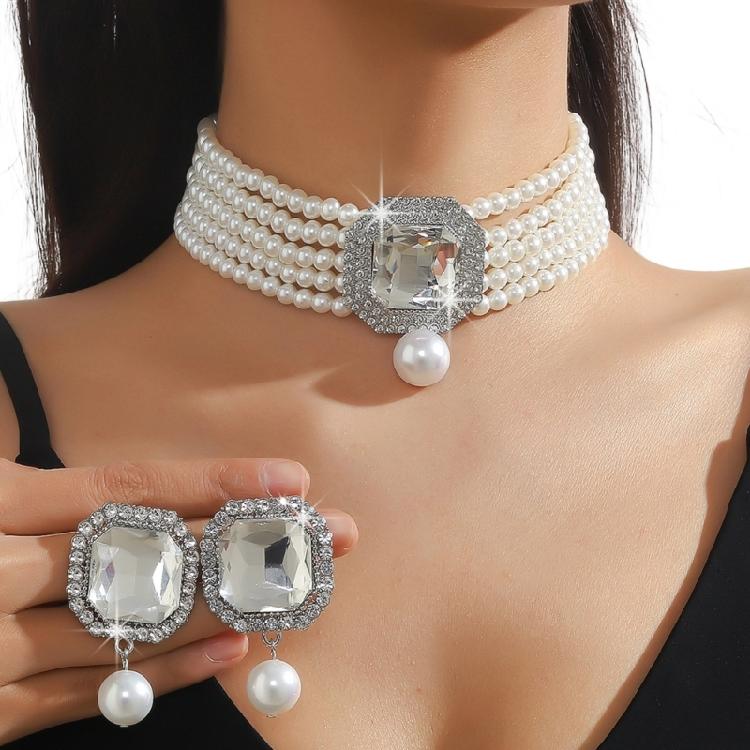 

Modern Art Inspired Multilayer Imitation Pearls Necklace And Luxurious Matching Studs Earrings Accessory Set белый