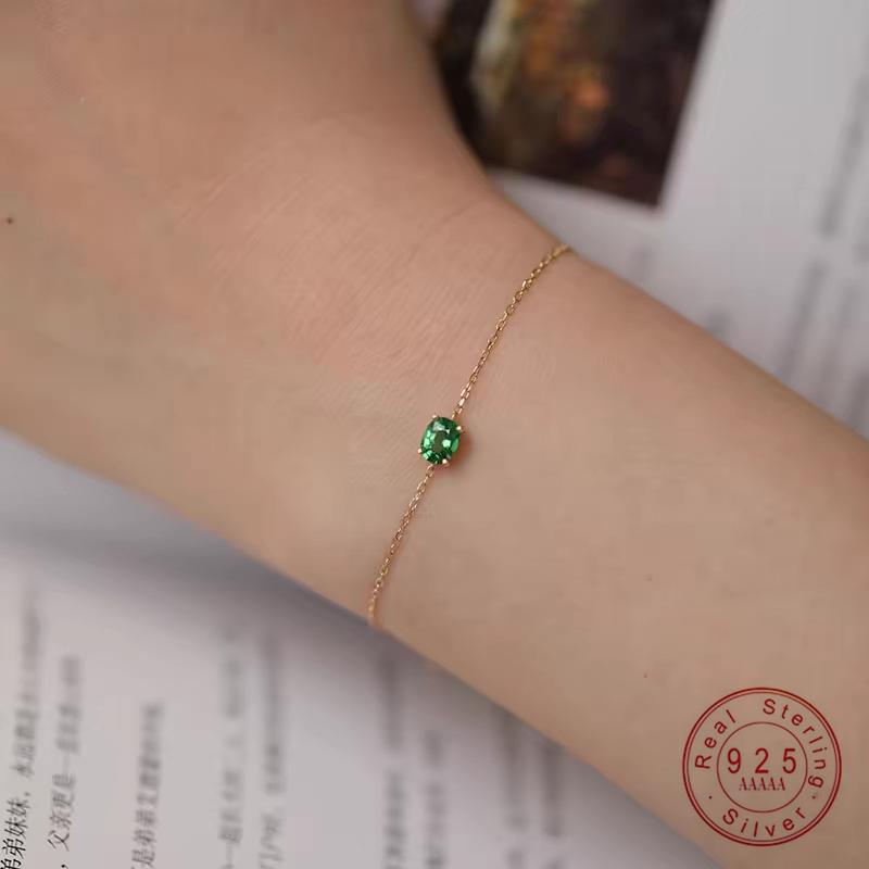 

Genuine 100% 925 Sterling Silver Simple Luxurious Geometric Green Zircon Bracelet & Bangles for Women Silver Jewelry Gold