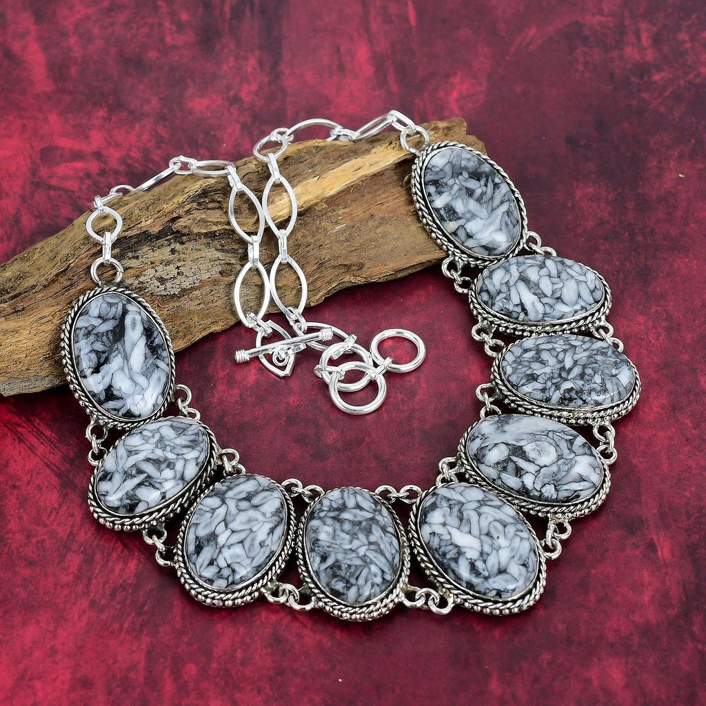 Pinolith Edelstein Üppiges Armband & Halskette, 925 Sterlingsilber Schmuckset, Verstellbares Schmuckset Handgefertigter Silberschmuck Geschenk für Freund