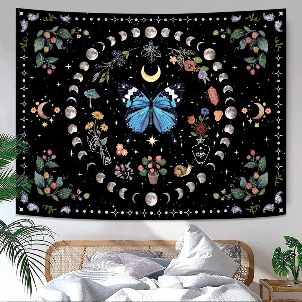 VIKAMA Yellow Butterfly Moonlight Flower Tapestry Retro Bohemian Style Living Room Dormitory Wall Hanging Home Decor